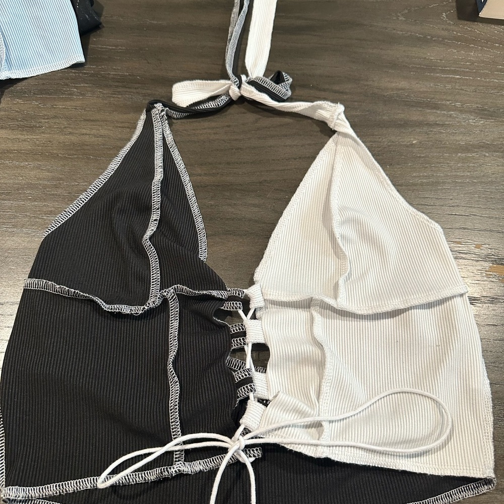Black and white halter tie crop top